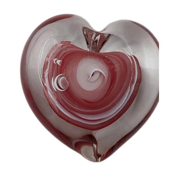 Kathy Sherman Art Glass Heart Paperweight Signed Dated 2004 Red Clear - Picture 4 of 14